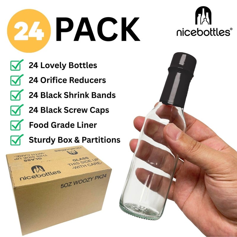 nicebottles Hot Sauce Bottles with Black Caps & Shrink Bands, 5 Oz - 24 Pack - Image 2